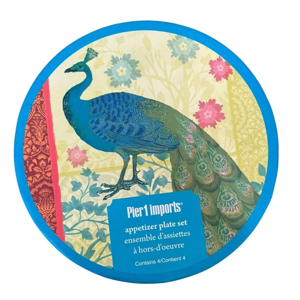 Pier 1 Peacock‎ Appetizer Plates Set 4 Glass Foil Boho Dessert 6 Inch